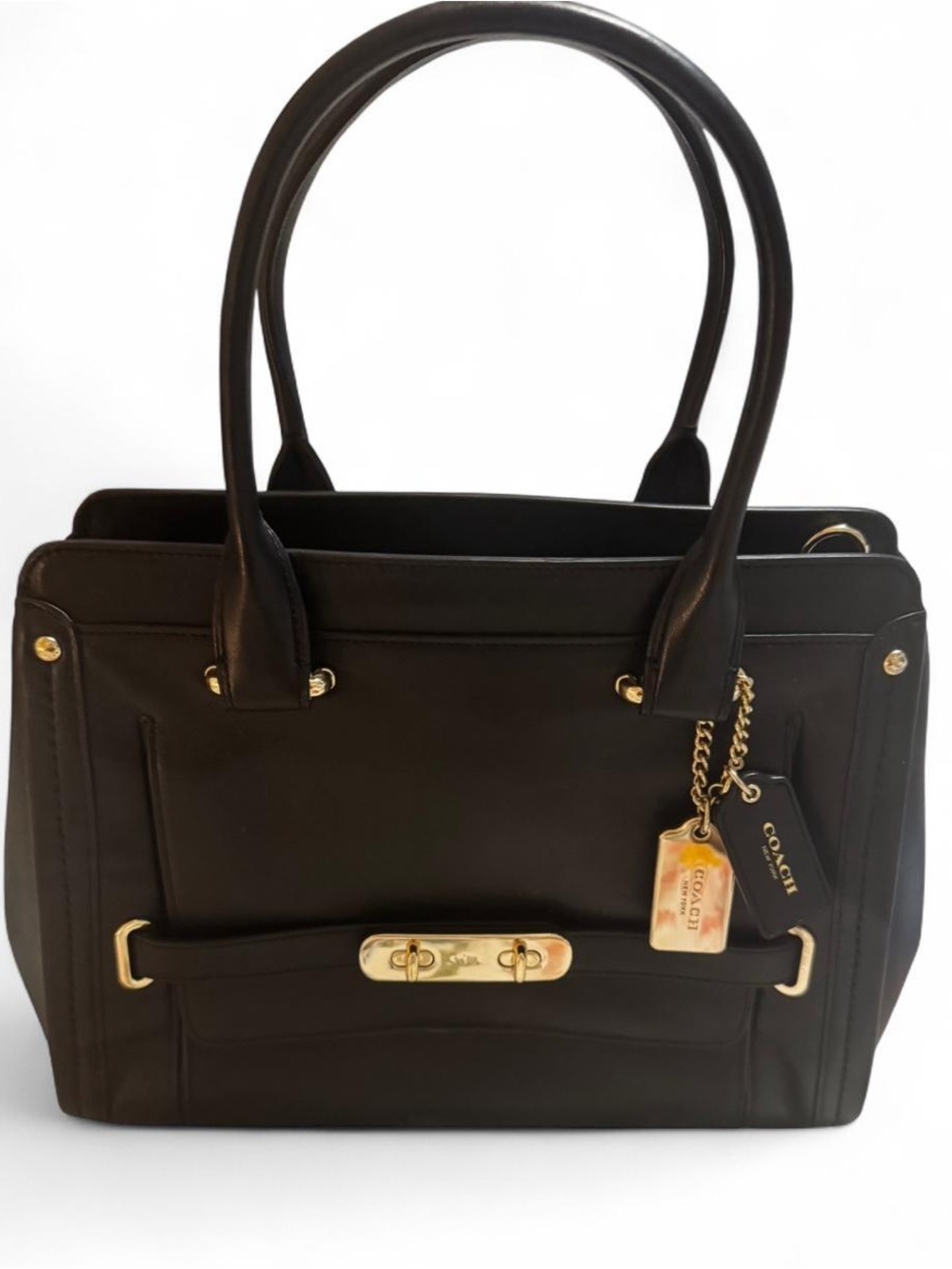 Coach Black Leather Satchel with Gold Hardware and Tag Charm